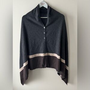 360 Cashmere (100%) Charcoal/Brown Button-Up Poncho/Shawl -M- quiet luxury